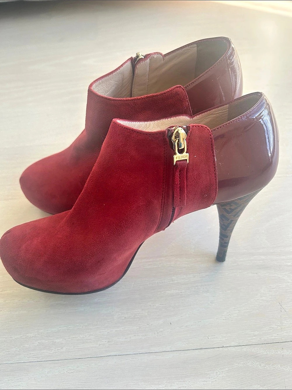 Fendi Red & Brown Heeled Ankle Boots